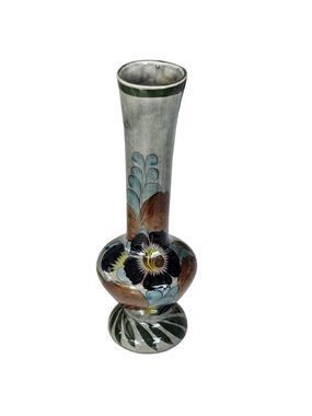 Vintage Mexico Tonala floral slate gray pottery vase